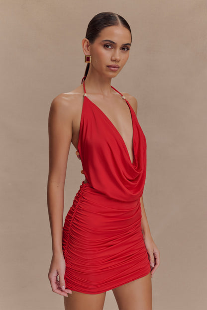 Astraeus Beaded Cowl Mini Dress - Desert Red