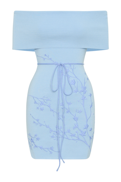 Mallory Off Shoulder Embroidered Knit Mini Dress - Ice Blue