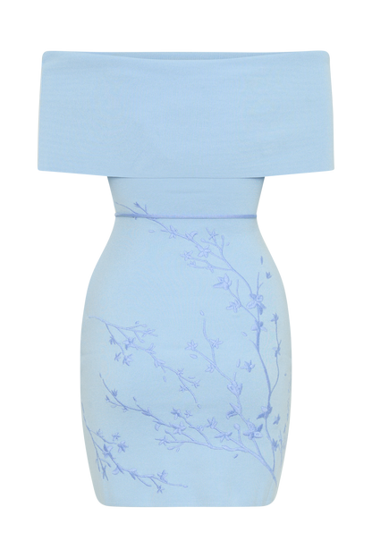 Mallory Off Shoulder Embroidered Knit Mini Dress - Ice Blue