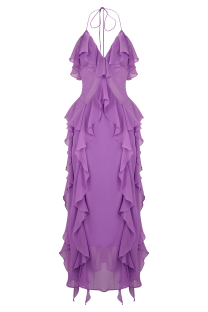 Aleyna Chiffon Ruffle Midi Dress - Purple