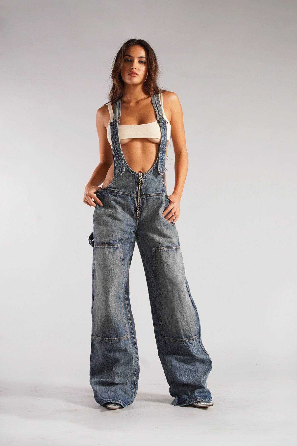 Lena Deep Cut Denim Overalls