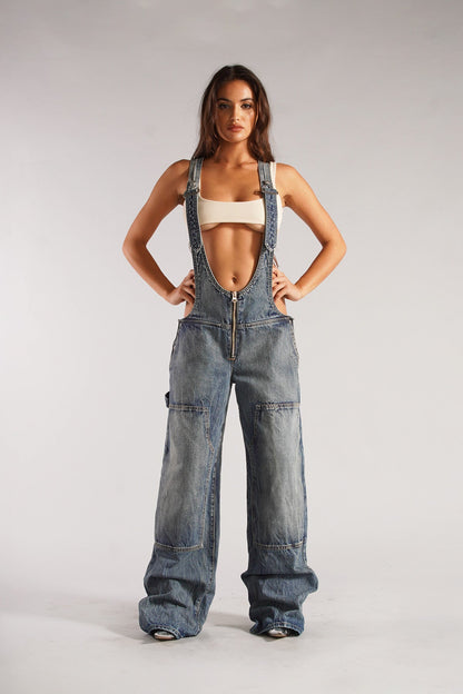 Lena Deep Cut Denim Overalls