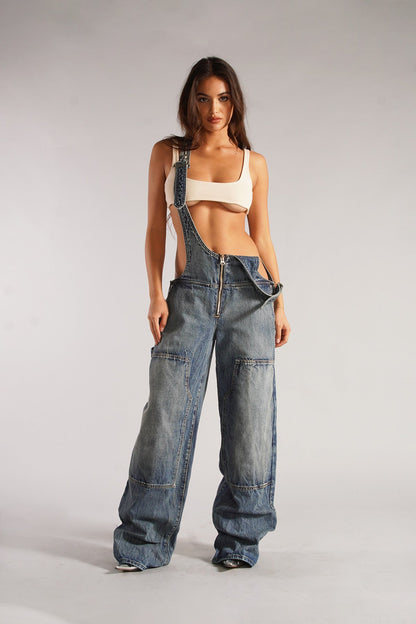 Lena Deep Cut Denim Overalls